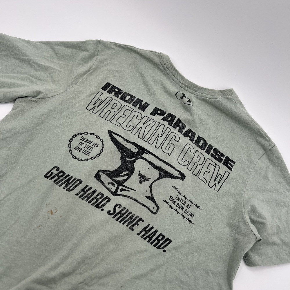 Project Rock Iron Paradise T Shirt Mens M Green Gym Running Crossfit SS *FLAWS